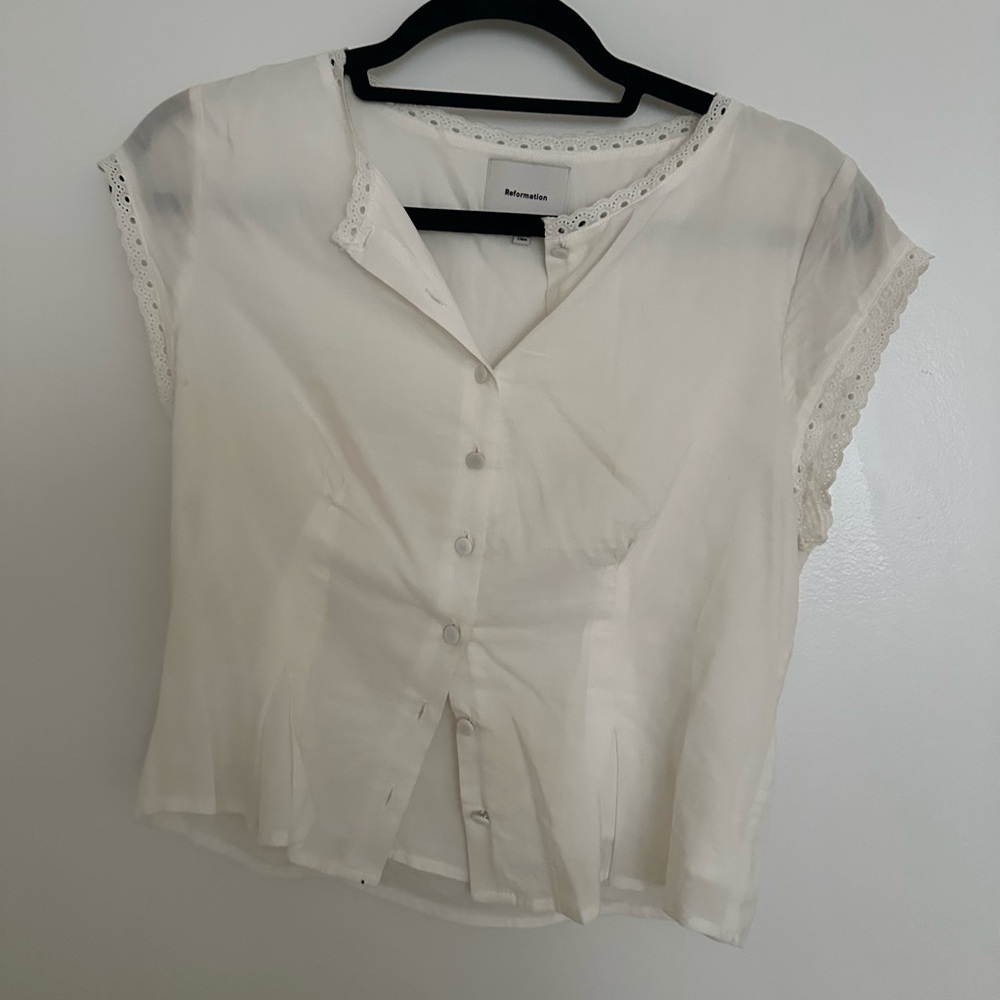 Reformation White Valletta Set - White Mini Skirt with Eyelet Trim Top - Picture 2 of 6